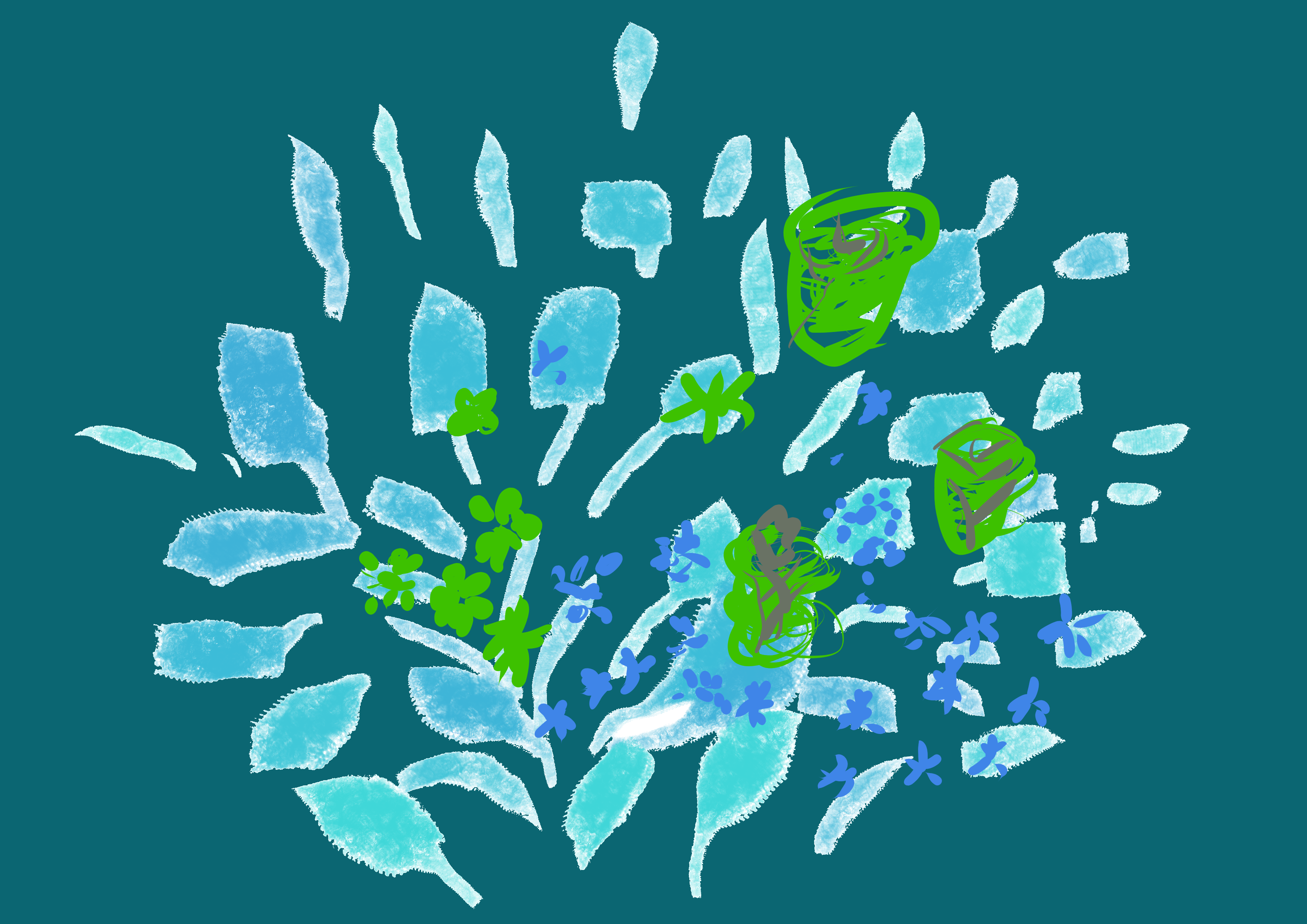 青绿色背景上的浅蓝色花瓣与蓝绿色花朵抽象画